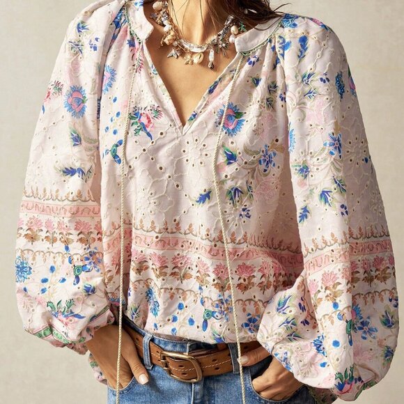 Boho Women's Plus Size Floral Print Hollow Out Embroidered Lantern Sleeve top - Picture 2 of 7